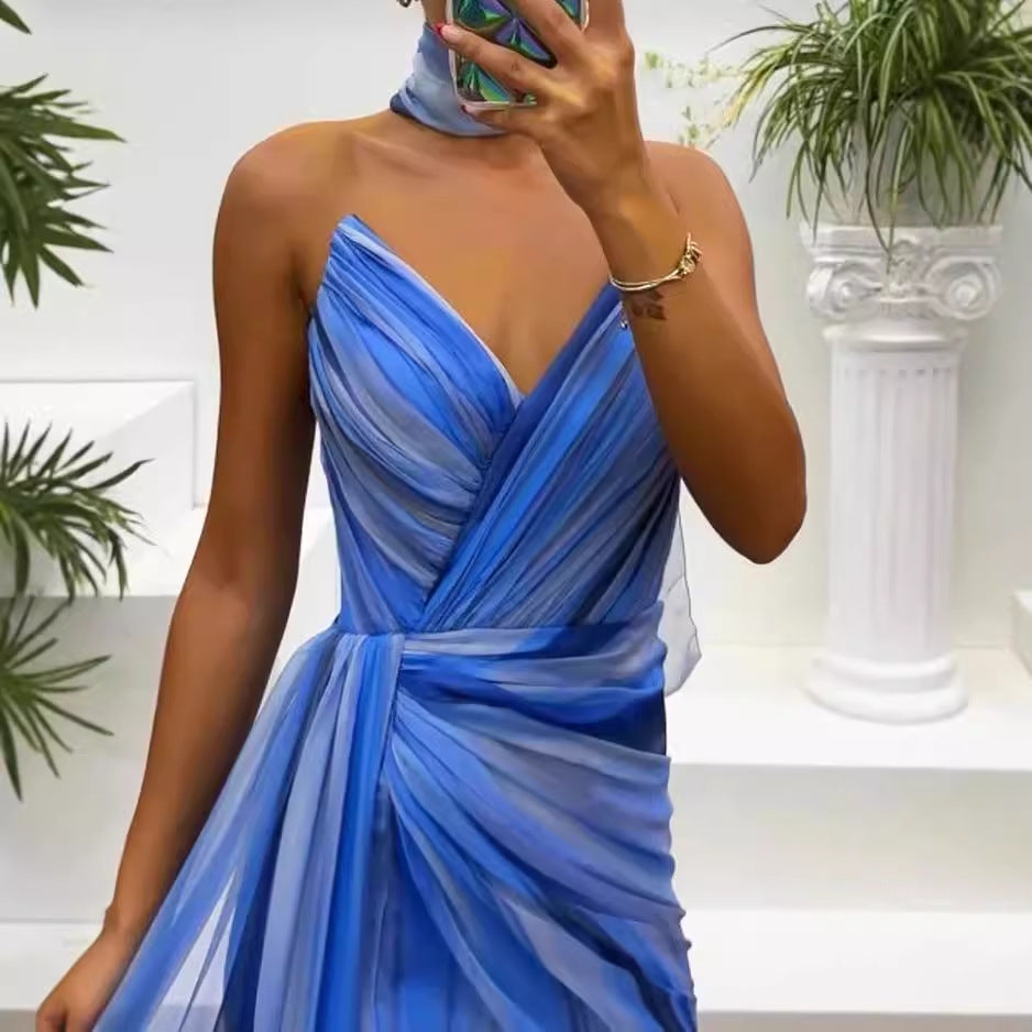 Vestido elegante con abertura y estampado sin mangas de moda de verano