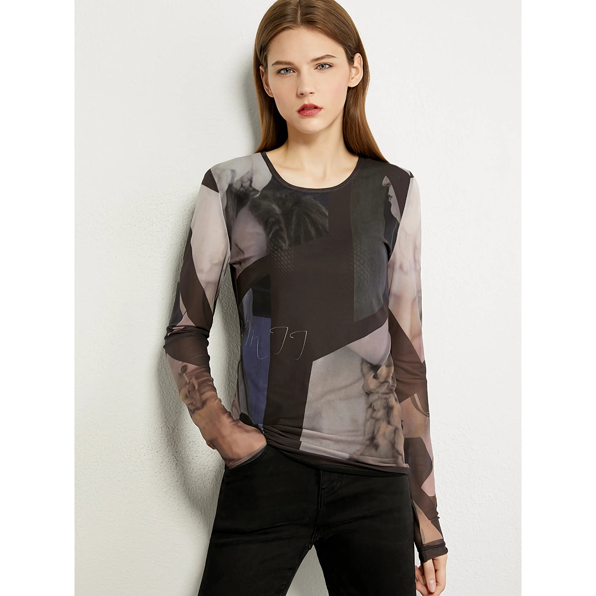 Minimalistisches Langarm-Mesh-T-Shirt für Damen