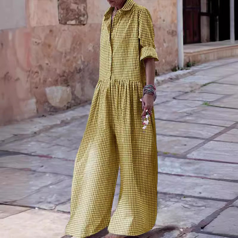 Mono de manga larga con cuello tipo blusa a cuadros con estampado de moda
