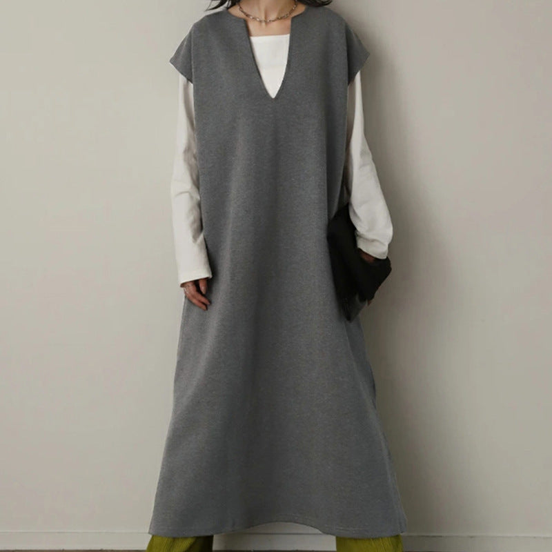 Vestido de lana con escote en V japonés y coreano para otoño e invierno