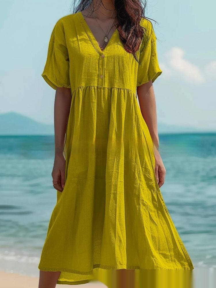 Vestido de lino y algodón de manga corta para mujer