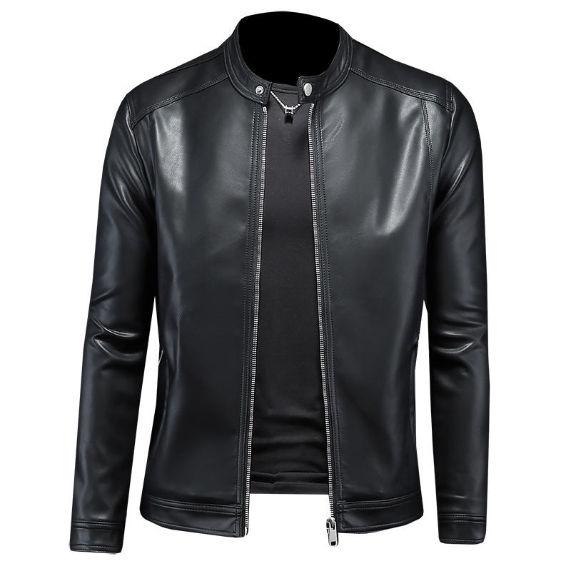 Chaqueta ajustada de cuero para motocicleta con solapa para hombre para otoño e invierno