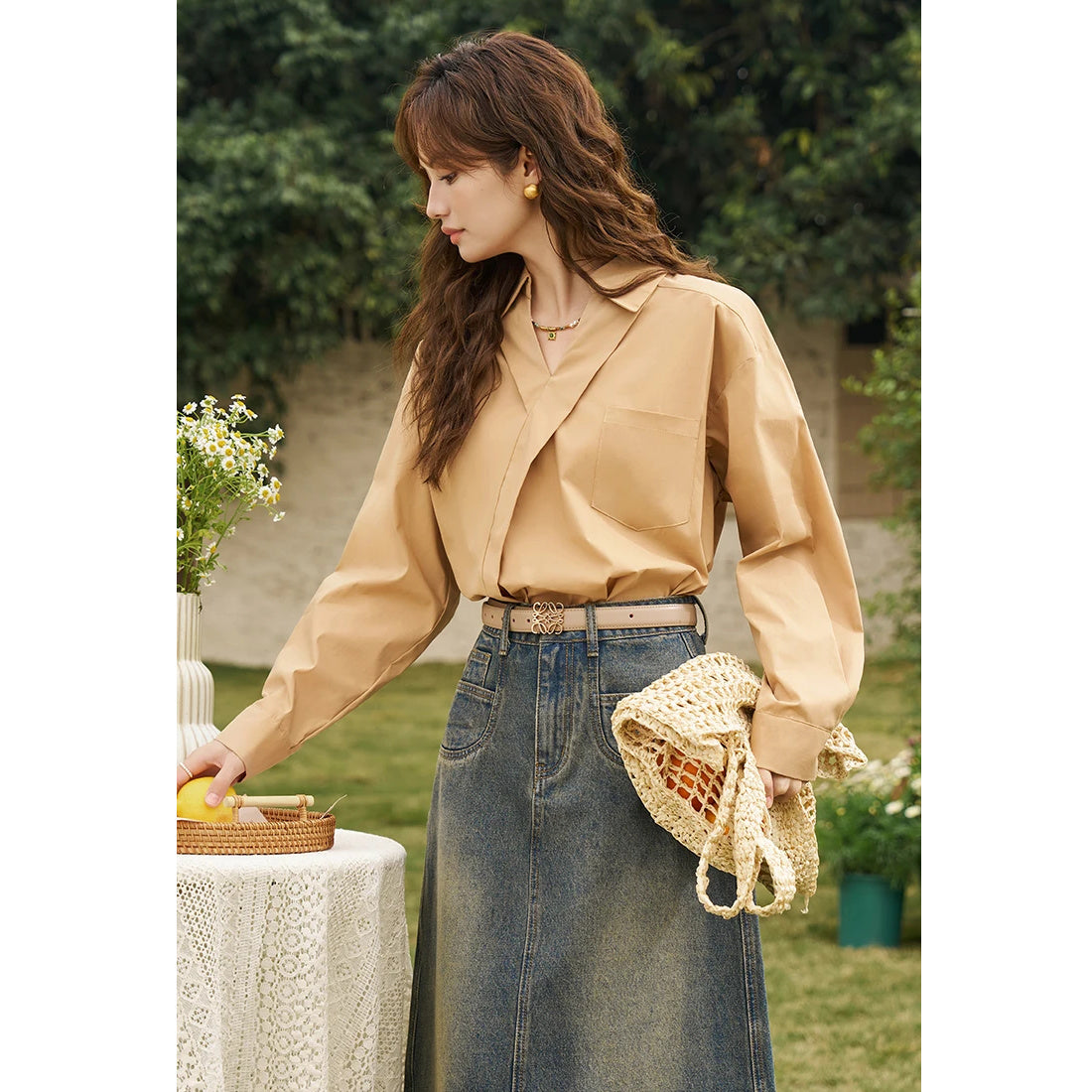 Camisa de manga larga con cuello vuelto y escote en V estilo retro francés para mujer