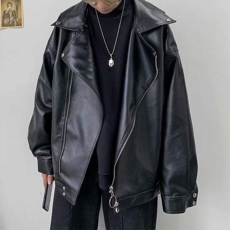 Chaqueta de motociclista Parker holgada de cuero para amantes del otoño e invierno con forro polar