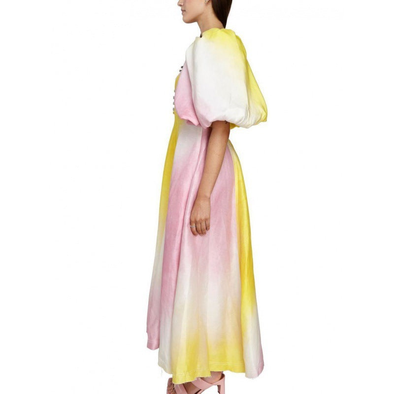 GY24153 Modisches Kleid mit V-Ausschnitt und Laternenärmeln