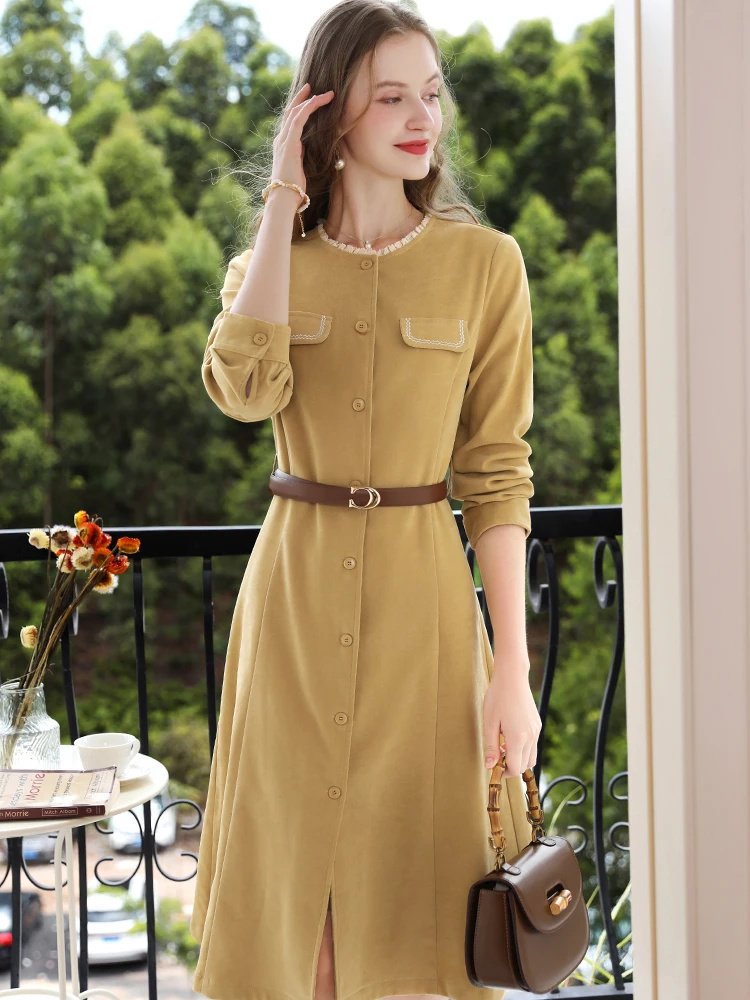 Elegante vestido de suéter de punto con cuello en V