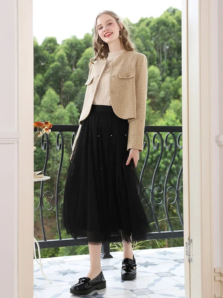 Falda elegante de malla de talle alto en forma de A