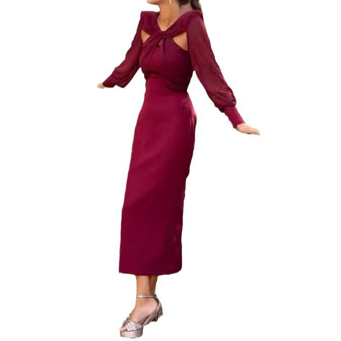 Vestido ajustado de manga larga con costuras huecas y color sólido elegante estilo europeo y americano