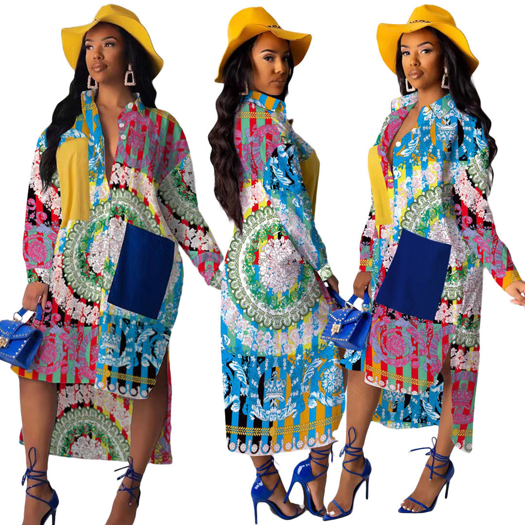 Vestido camisero holgado con solapa y botonadura sencilla con abertura