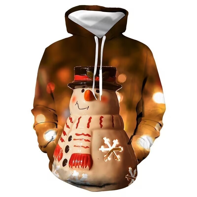 Suéter con capucha con estampado 3D de muñeco de nieve navideño europeo y americano
