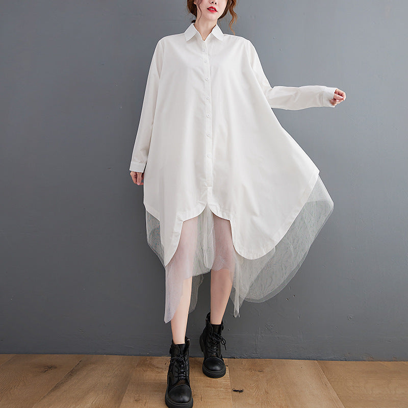 Vestido camisero de malla de doble capa con costuras irregulares y vuelo grande de dos piezas falso y suelto