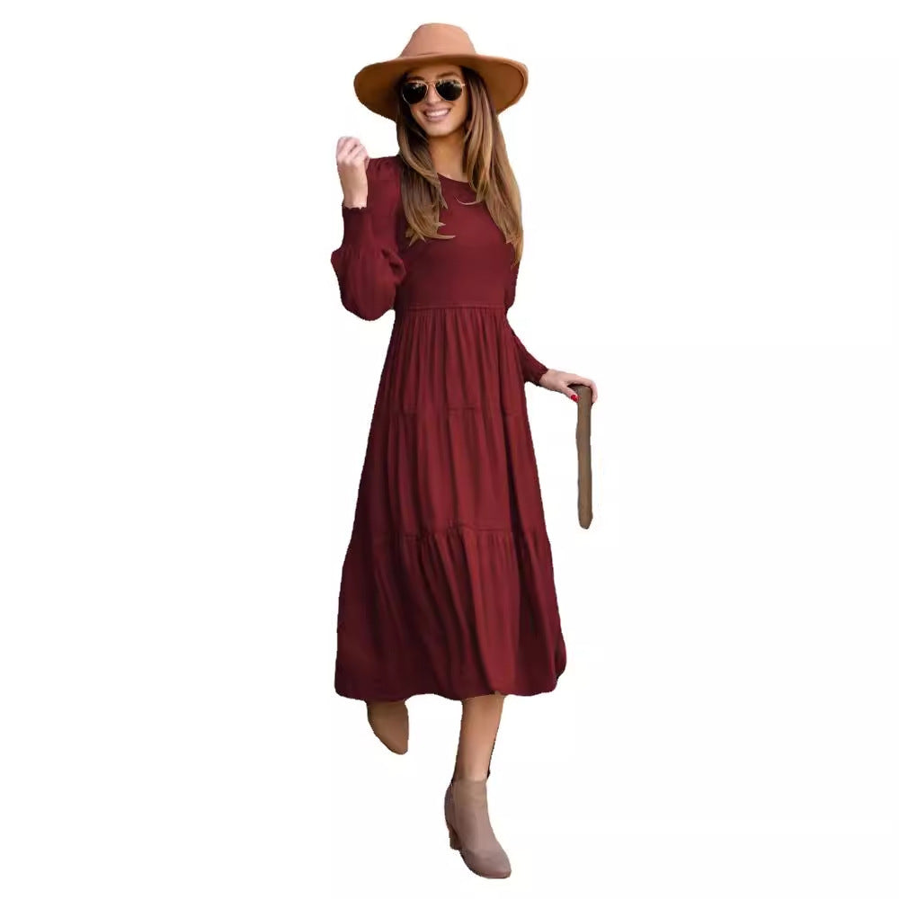 Vestido fruncido de cintura alta con cuello redondo, estilo retro francés, elegante, estilo europeo y americano
