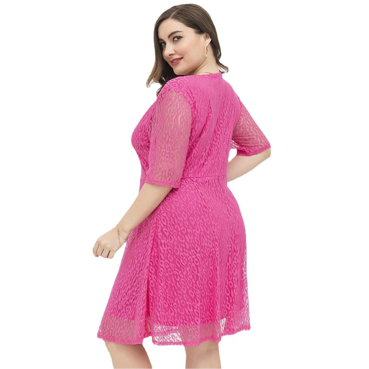 Lässiges Spitzenkleid mit enger Taille und V-Ausschnitt