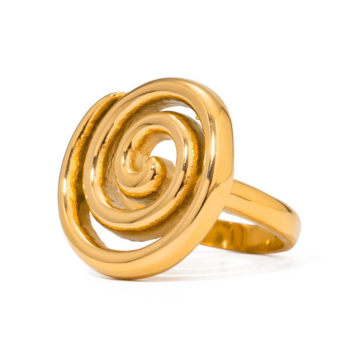 Anillo de acero inoxidable resistente al agua con diseño en espiral bañado en oro de 18 quilates