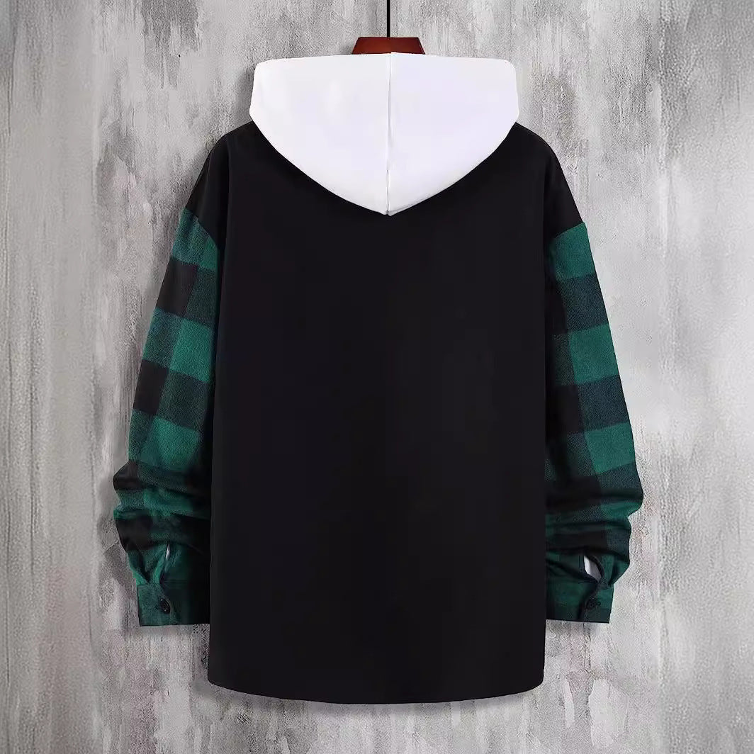 Camisa casual de manga larga con bloques de colores y cuadros para hombre de otoño