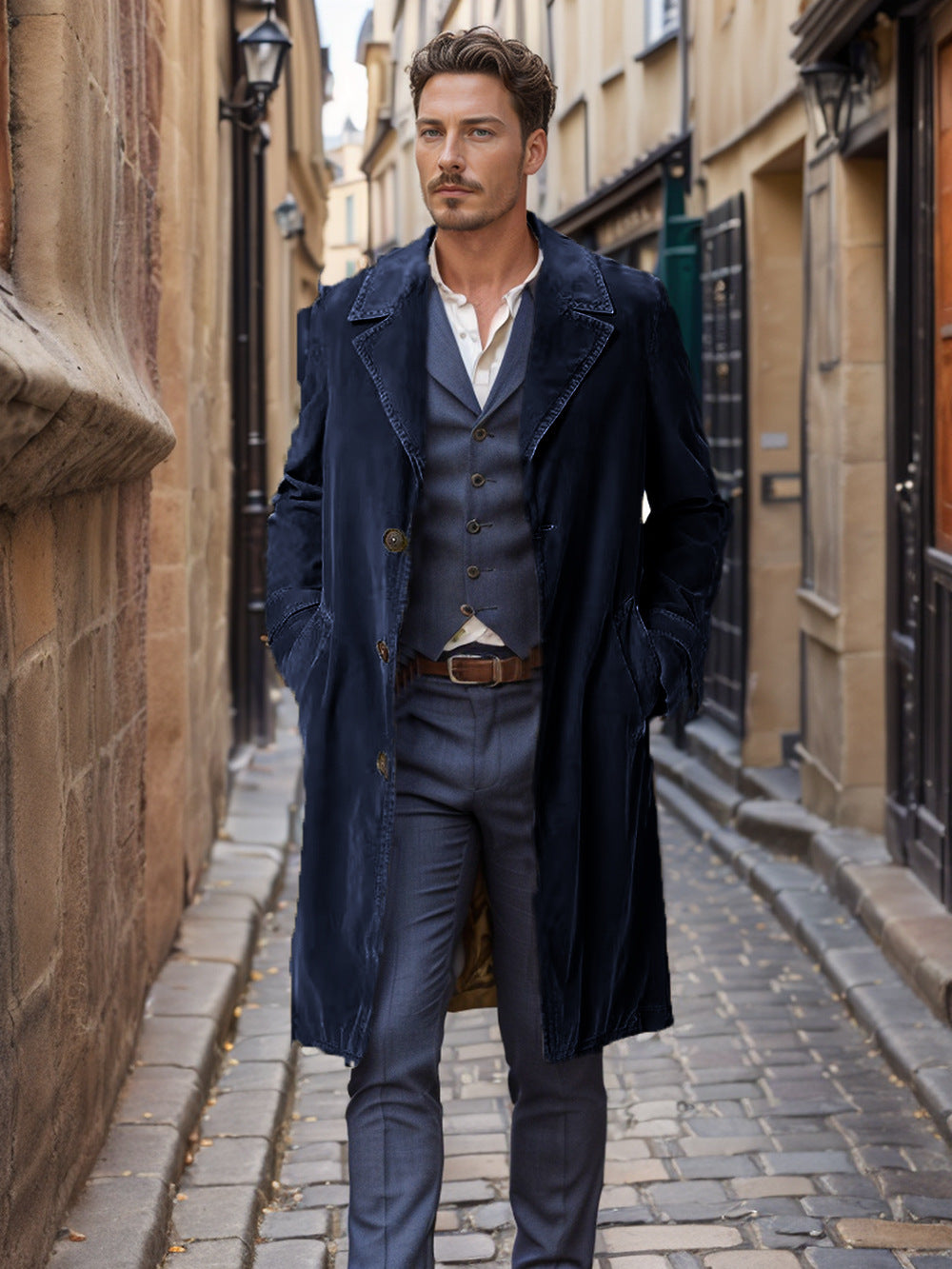 Herren Trenchcoat Cord Mittellang Einreihig