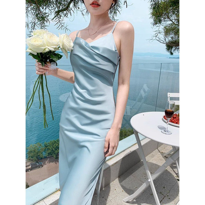 Französisch Stil Blau Sling Kleid frauen Sommer Satin