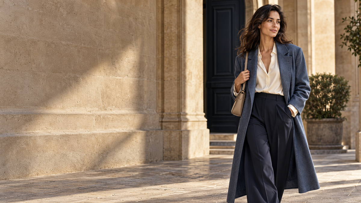 Original Nyzzle editorial styling in navy and ivory against warm stone architecture