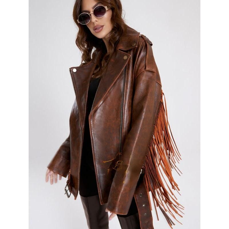 Stylish Oversized Faux Leather Jacket with Tassels for Women