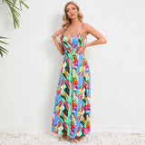 Summer Women's Vintage Paisley Print Long Dress with Spaghetti Straps and Applique Detail