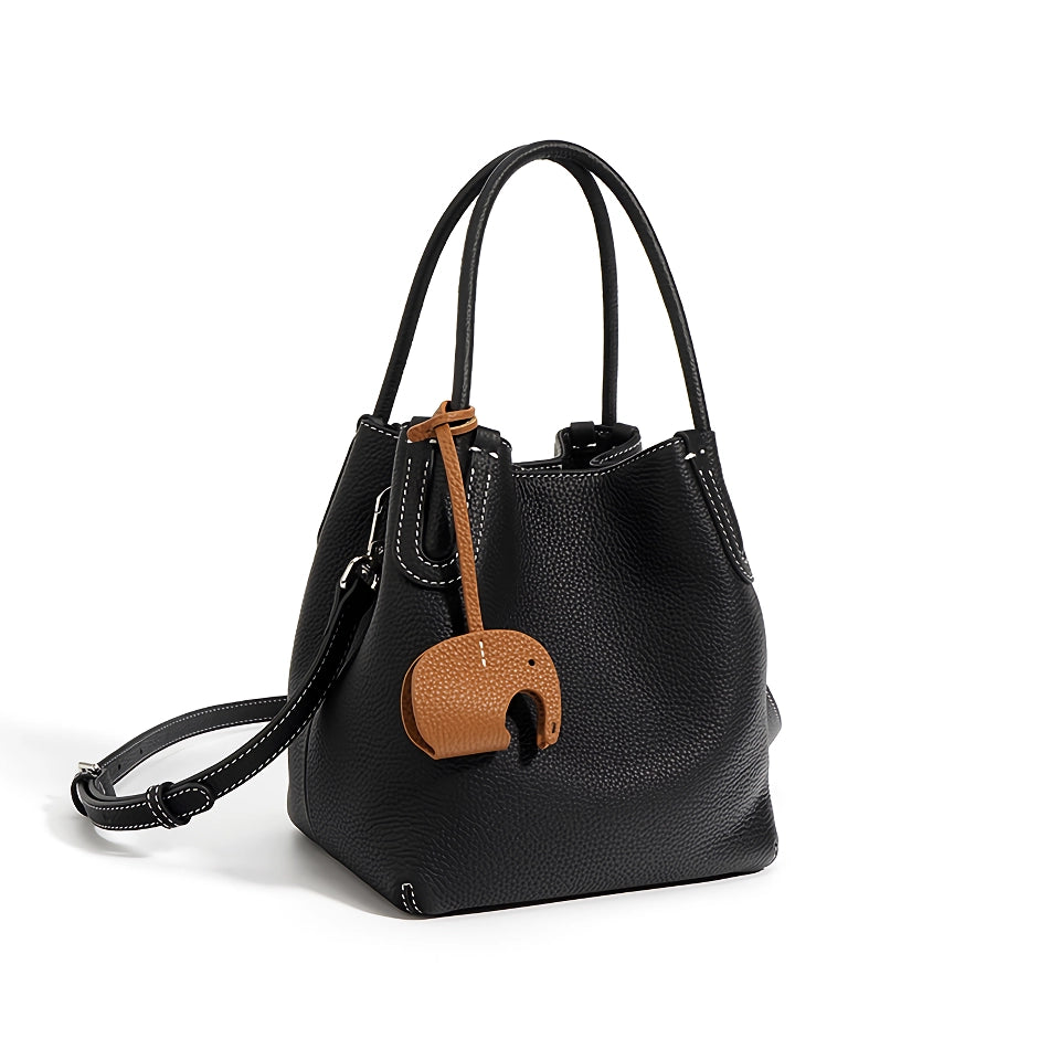 Genuine Leather Retro Bucket Bag for Women – Casual Crossbody and Shoulder Handbag