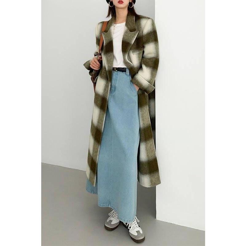 Elegant Plaid Double Breasted Long Woolen Coat for Women