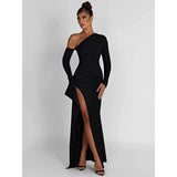 Chic Oblique Shoulder Thigh-High Split Maxi Dress - Sleeveless Backless Bodycon for Evening Parties