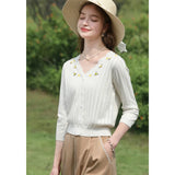 Vintage V-Neck Embroidered Knit Sweater for Women