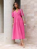 Vestido largo de mujer con escote en V profundo y manga abullonada