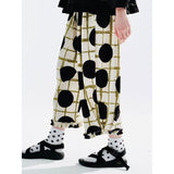 Green Plaid & Black Wave Dot Elastic Waist Wide Leg Pants for Women