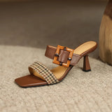 Square Toe High Heel Leather Slippers