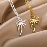 Gold Stainless Steel Palm Tree Pendant Necklace - Bohemian Summer Ocean Beach Jewelry