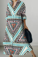 Printed Button-Detail Long-Sleeve Dress