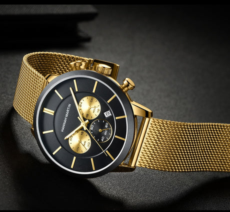 Men's Multi-functional Business Casual Calendar Quartz Watch Woven Steel Chain Gold Luminous Small Three-pin Watch - Dazpy