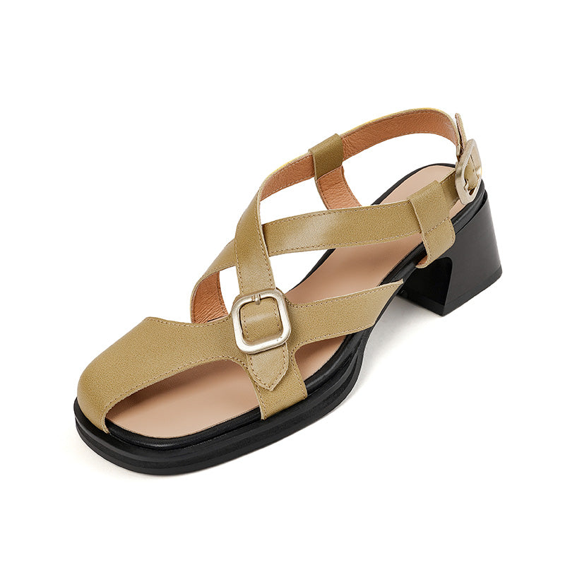 Sommerliche Retro-Ledersandalen mit quadratischem Absatz für Damen