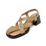 Sandalias de cuero de tacón cuadrado retro de verano para mujer