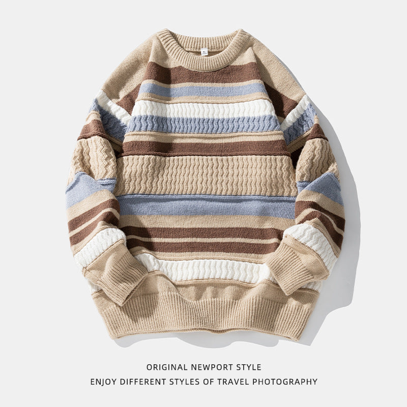 Japanese Round Neck Sweater Men's Striped Color Contrast Patchwork