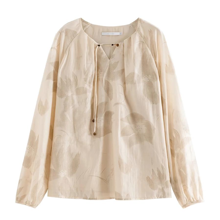 Blusa elegante con estampado floral beige de estilo chino