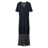 V-Neck Knitted Dress with Chiffon Spliced Short Sleeves