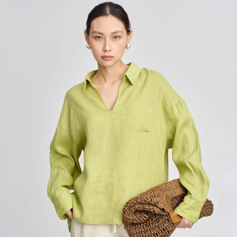 Linen V-neck Long Sleeved Shirt for Women