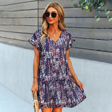 V-Neck Chiffon Dress with Ruffled Edges and Flying Sleeves