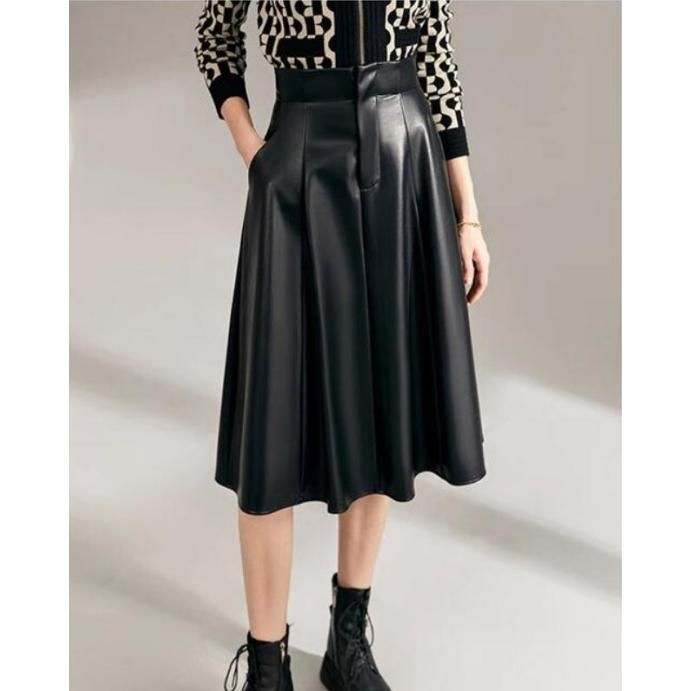 High Waist A-Line Knee-Length Black PU Leather Skirt