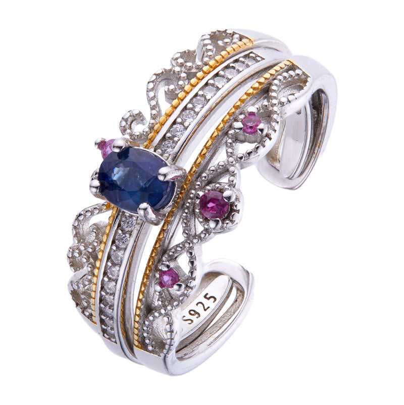 S925 Sterling Silver Inlaid Natural Sapphire Ring - Dazpy