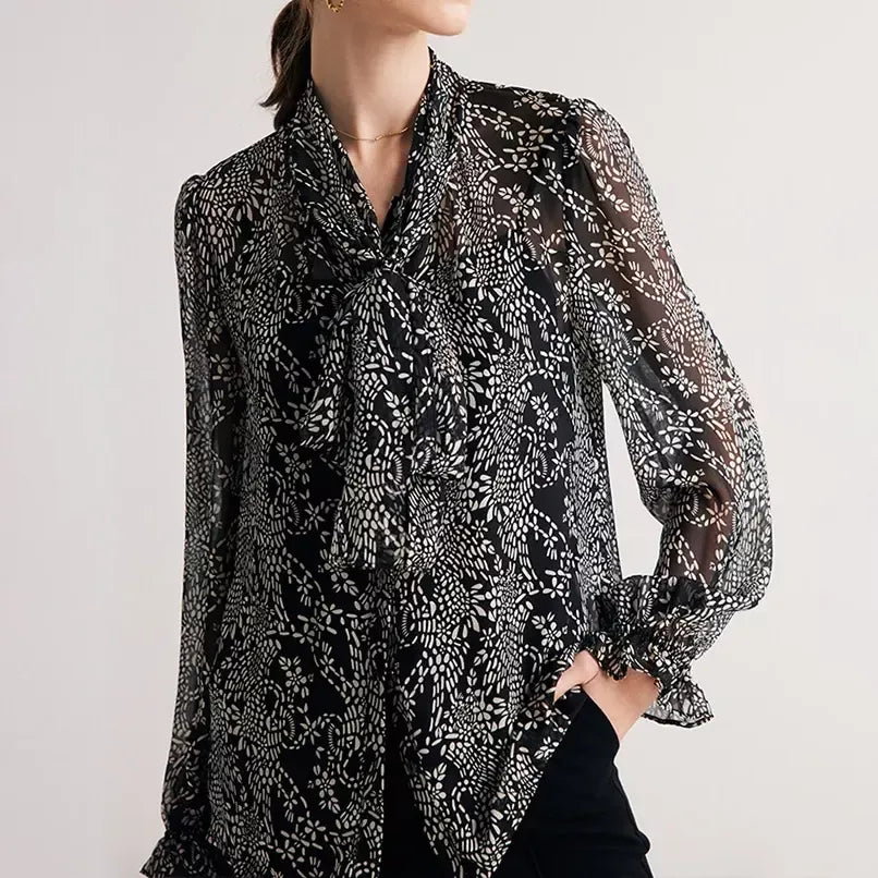 Elegant Black Printed Silk Blouse with Bow Collar