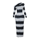 Women's Black And White Striped Asymmetric Shoulder Long Sleeve Dress