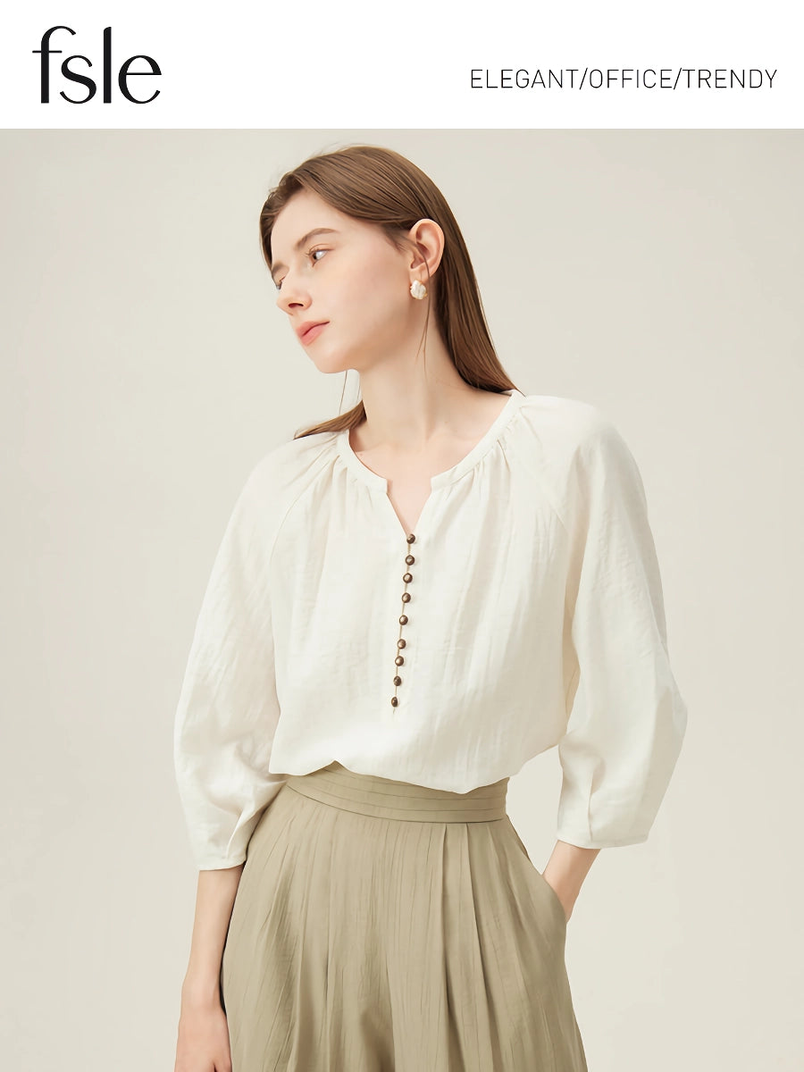 Elegante beige Bluse aus Leinenmischung mit Dreiviertel-Raglanärmeln für den Sommer