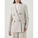 Elegant Beaded Linen Suit Set - Women's Double Breasted Blazer and Straight Trousers