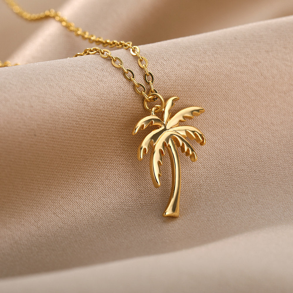 Gold Stainless Steel Palm Tree Pendant Necklace - Bohemian Summer Ocean Beach Jewelry