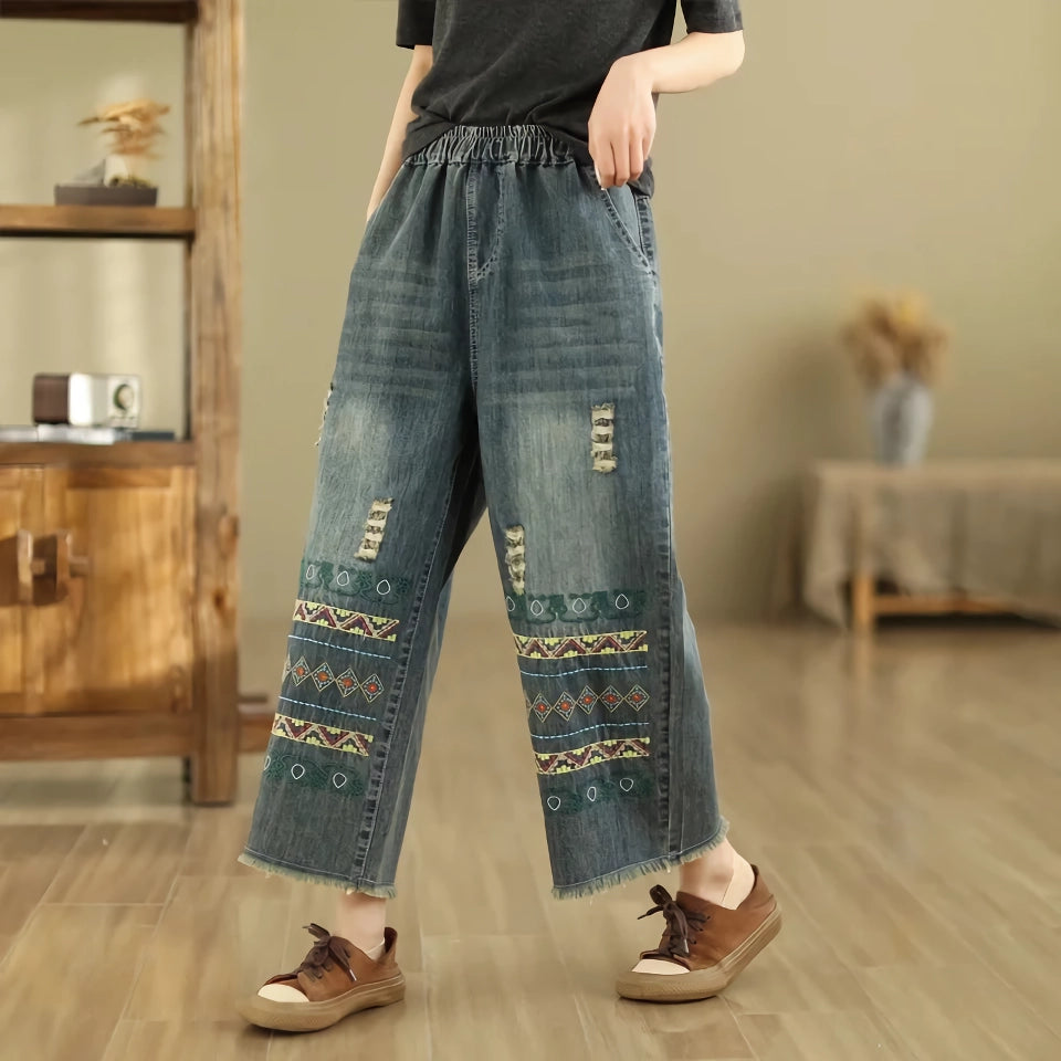 Boho Chic Vintage Jeans mit weitem Bein und Stickereien