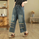 Boho Chic Vintage Jeans mit weitem Bein und Stickereien